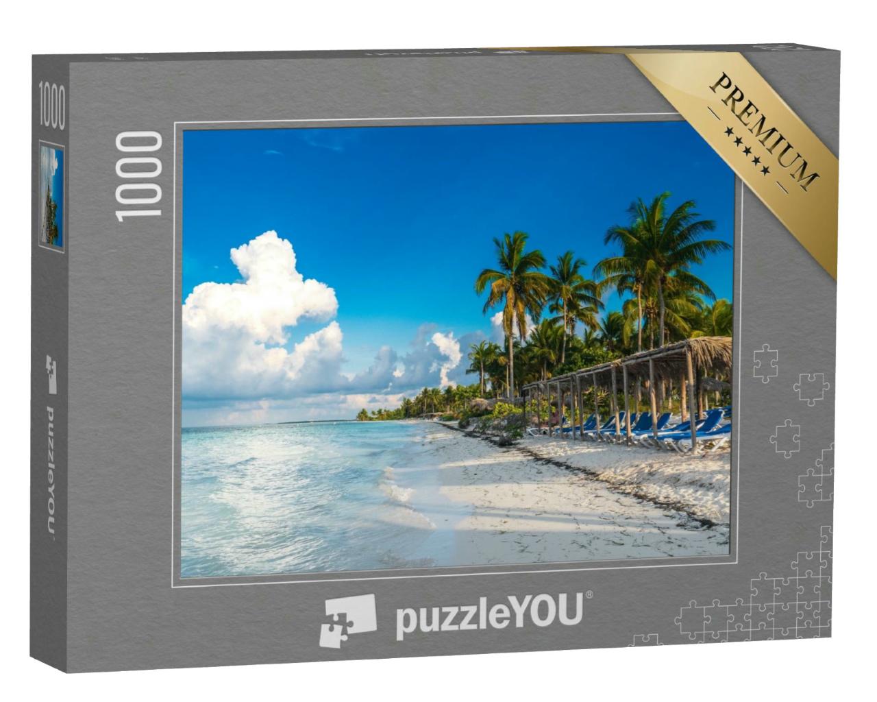 Puzzle 1000 Teile „Ein Sitzplatz vor dem karibischen Meer am Strand, Cayo Gulliermo, Kuba“