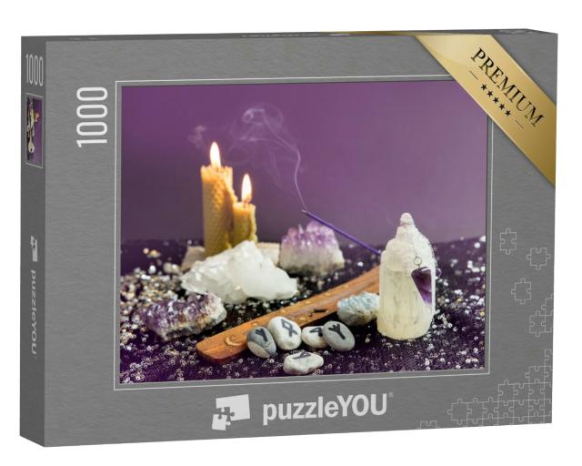 Puzzle 1000 Teile „Amethyst-Kristall-Pendel, Runensteine, Bienenwachskerzen, Esoterik“