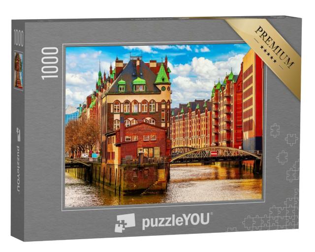 Puzzle 1000 Teile „Frühling über dem Lagerviertel Speicherstadt in Hamburg“