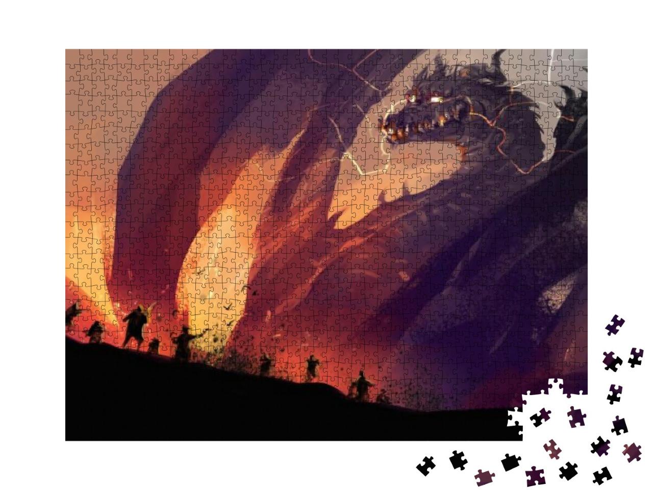 Puzzle 1000 Teile „Völker gegen einen riesigen Drachen mit Stadt in Trümmern“