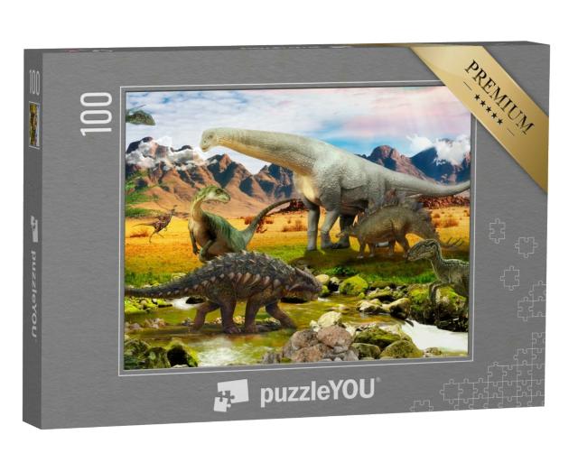 Puzzle 100 Teile „Illustration: Dinosaurier, Park am See“
