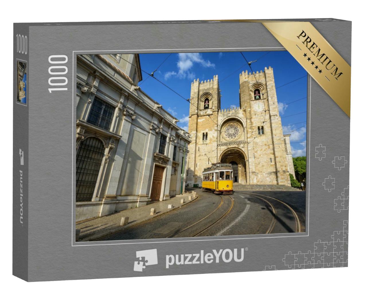 Puzzle 1000 Teile „Straßenbahn vor der Kathedrale in Lissabon, Portugal“