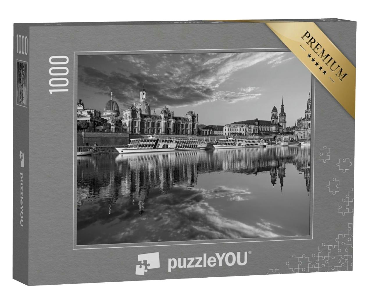 Puzzle 1000 Teile „Dresdner Stadtsilhouette an der Elbe und Augustusbrücke“