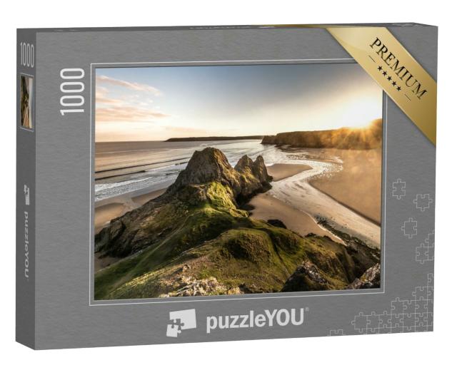 Puzzle 1000 Teile „Panoramablick auf den Sonnenuntergang bei Three Cliffs auf der Halbinsel Gower, Südwales, Großbritannien“