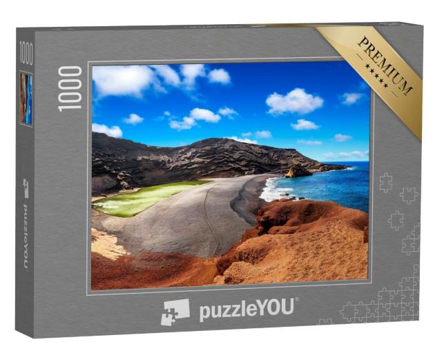 Puzzle 1000 Teile „Vulkankrater mit seinem grünen See bei El Golfo, Insel Lanzarote, Spanien“
