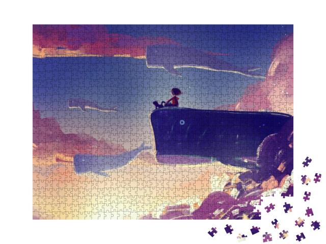 Puzzle 1000 Teile „Digitale Kunst: Malerei von kleinem Mädchen auf riesigem fliegendem Wal“
