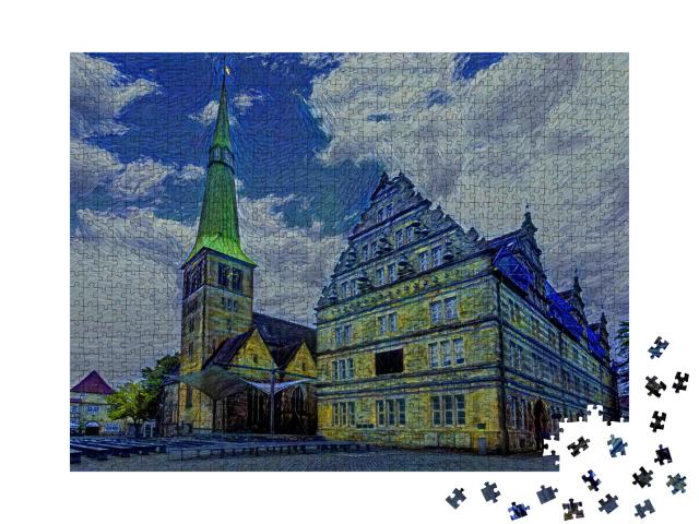 Puzzle 1000 Teile „im Kunst-Stil von van Gogh, Sternennacht - Marktkirche St. Nikolai und Hochzeitshaus in Hameln, Deutschland“