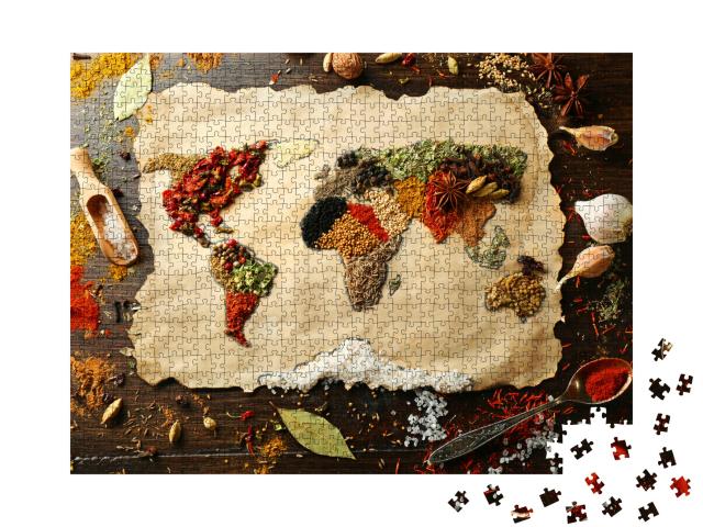 Puzzle 1000 Teile „Weltkarte aus verschiedenen Gewürzen auf hölzernem Hintergrund“