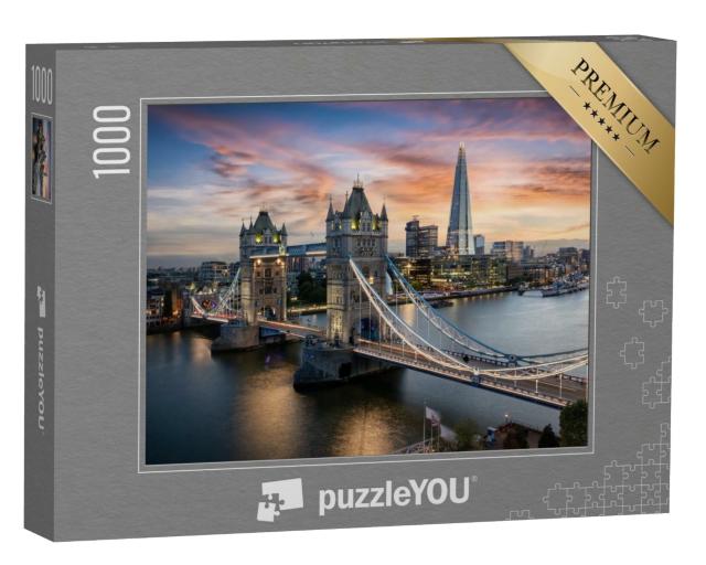 Puzzle 1000 Teile „Blick auf die abendlich beleuchtete Tower Bridge, London, England“