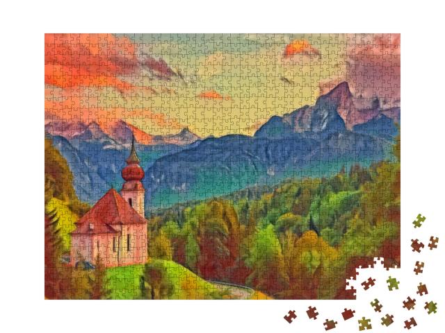 Puzzle 1000 Teile „im Kunst-Stil von Franz Marc - Watzmann mit Kirche Maria Gern - Puzzle-Kollektion Künstler & Gemälde“