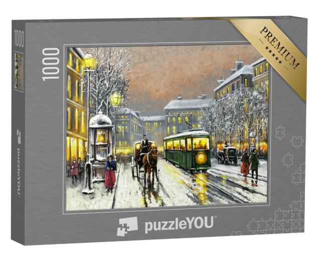 Puzzle 1000 Teile „Ölgemälde: Verschneite Straße in einer Stadt aus vergangener Zeit“