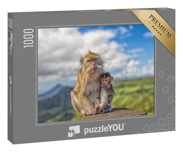 Puzzle 1000 Teile „Ein Makakenäffchen mit Affenmutter, Mauritius“