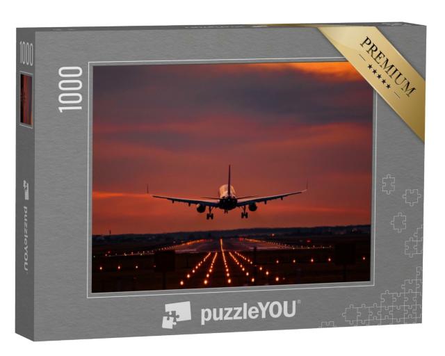 Puzzle 1000 Teile „Landeanflug im Sonnenuntergang auf dem Flughafen Otopeni“
