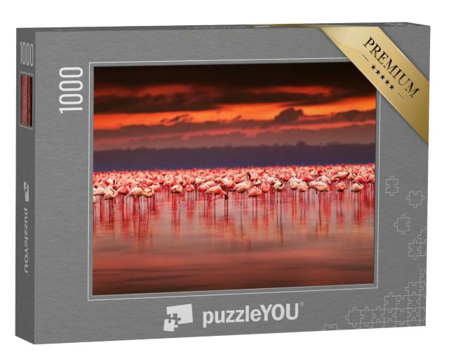 Puzzle 1000 Teile „Spektakulärer Sonnenuntergang über einer Gruppe Flamingos, Kenia“