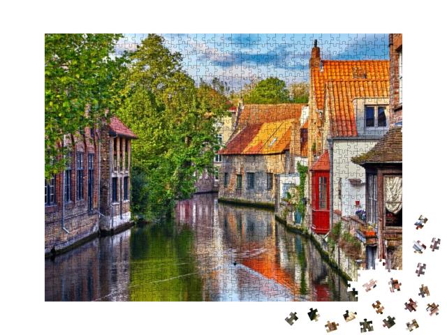 Puzzle 1000 Teile „Mittelalterliche Straße am Kanal in Brügge, Belgien“