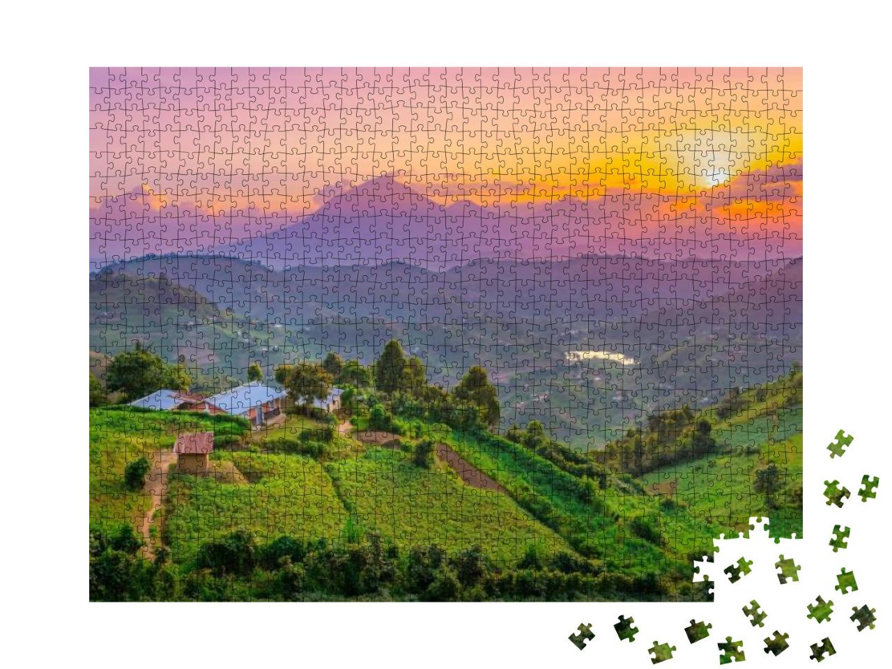Puzzle 1000 Teile „Sonnenuntergang über den Hügeln und Wiesen in Kisoro, Uganda, Afrika“