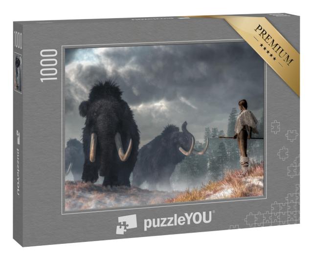 Puzzle 1000 Teile „Mutige Frau im Anblick von Mammuts“