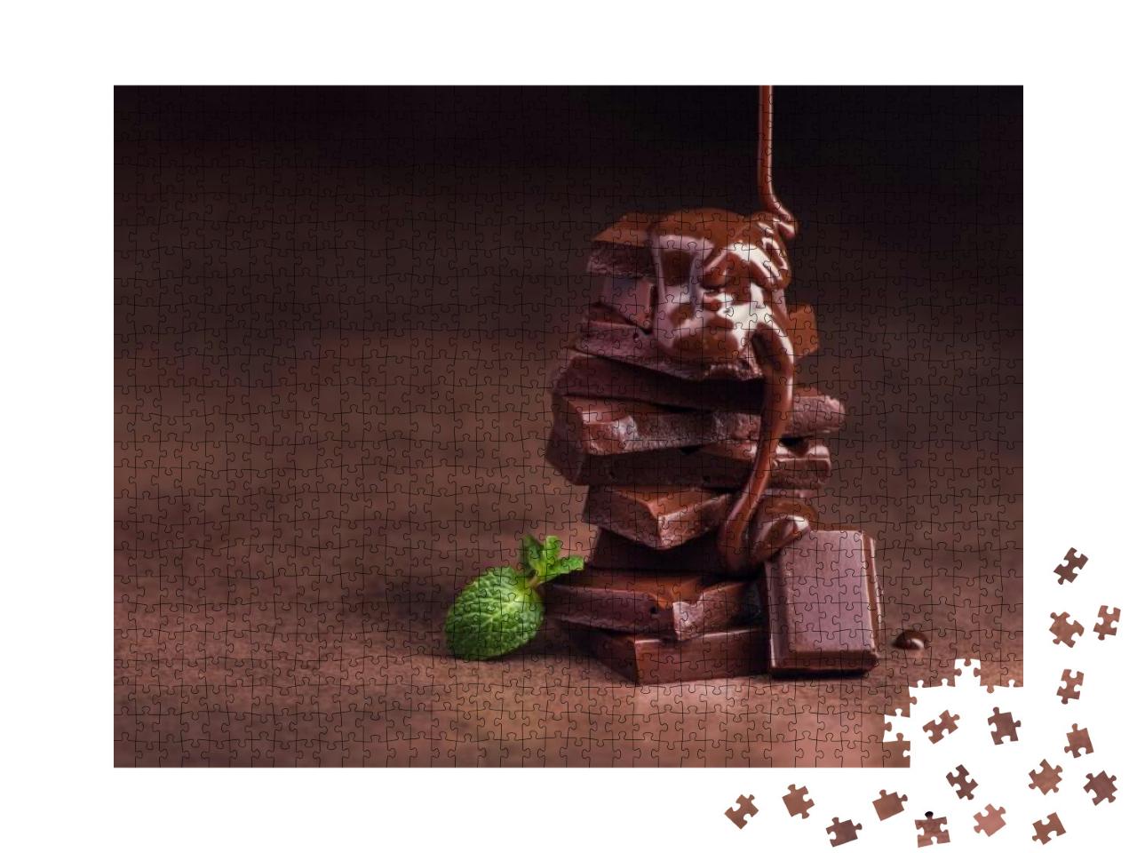 Puzzle 1000 Teile „Ein kleiner Turm aus Schokolade, garniert mit einem grünem Minzblatt“