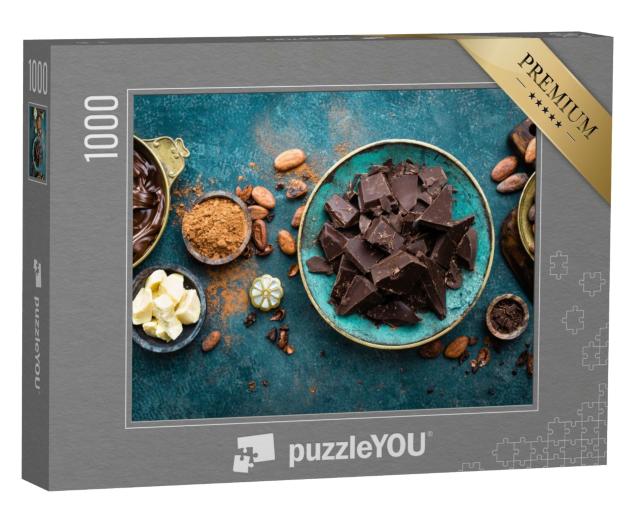 Puzzle 1000 Teile „Dunkle Bitterschokolade mit Kakaopulver und Bohnen“