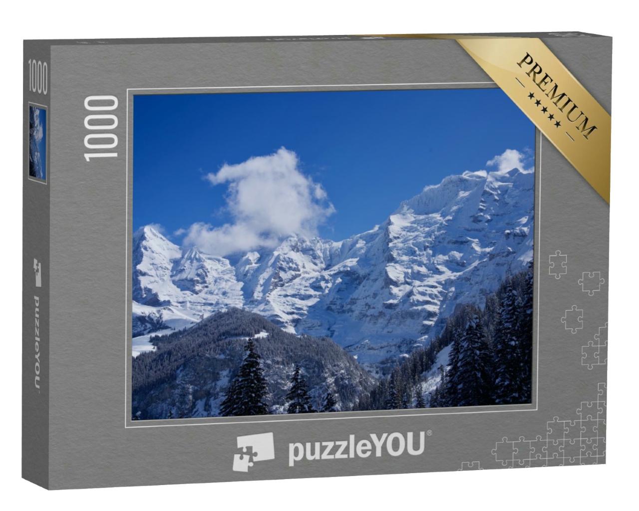 Puzzle 1000 Teile „Panorama der Berner Alpen mit den Berggipfeln Eiger, Mönch und Jungfrau, Schweiz“