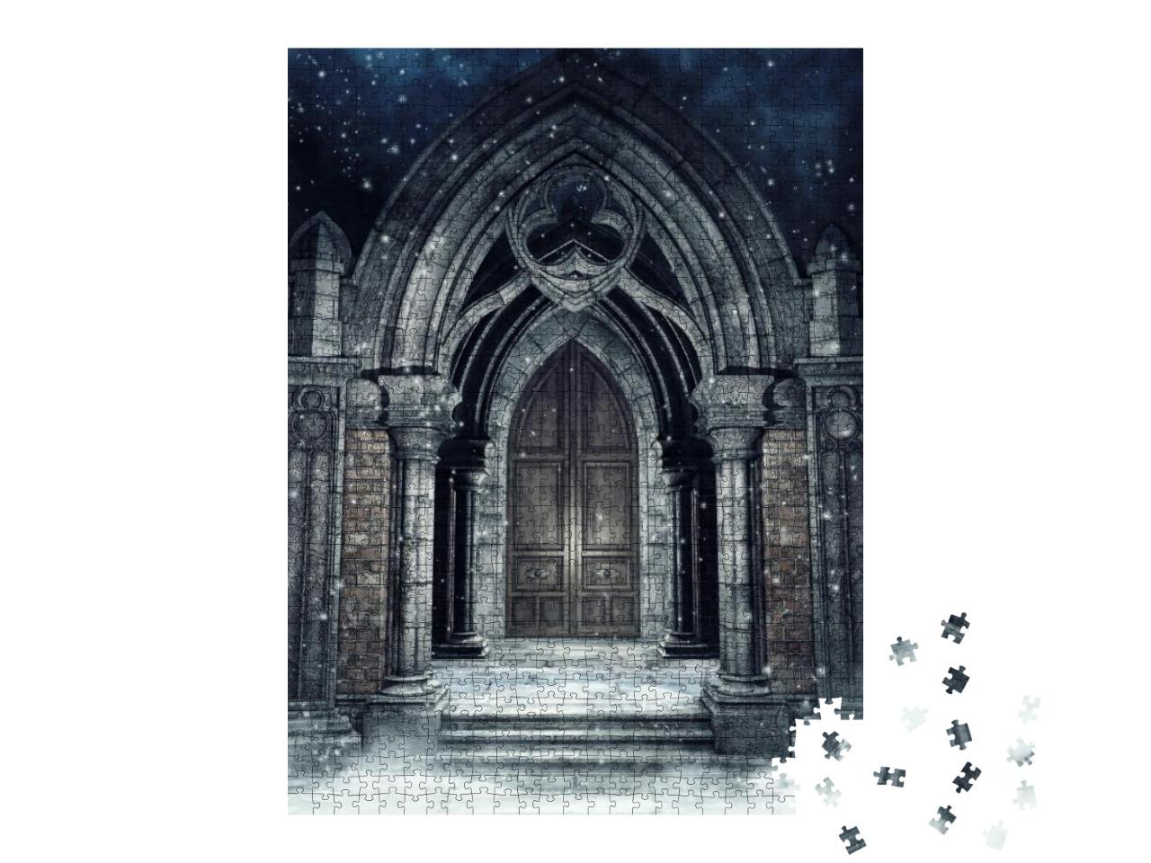Puzzle 1000 Teile „Verschneite Szene mit einem gotischen Steintor bei Nacht“