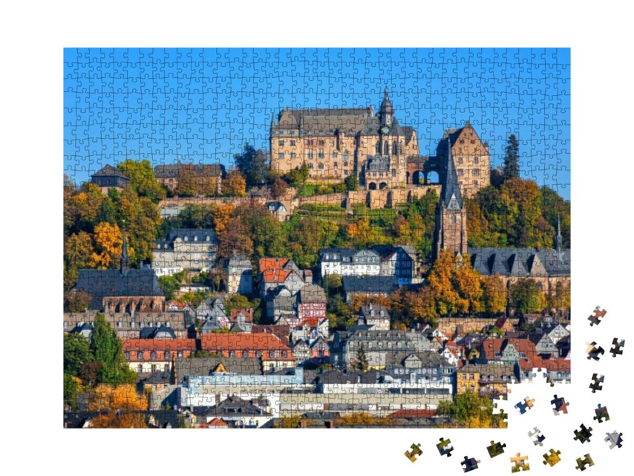 Puzzle 1000 Teile „Marburg an der Lahn: Landgrafenschloss und bunte Fachwerkhäuser“