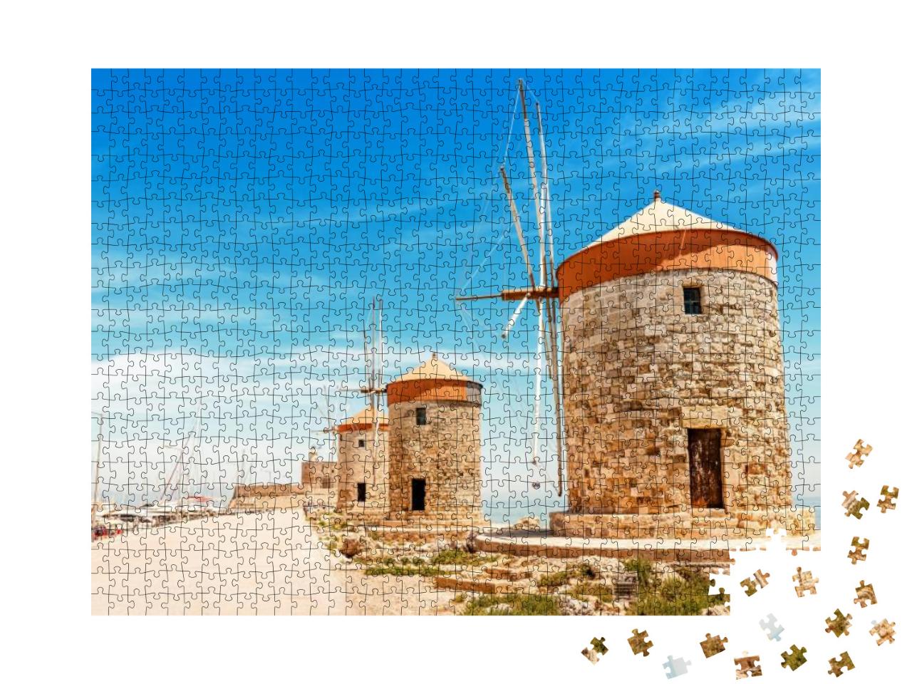 Puzzle 1000 Teile „Hafen von Mandraki auf Rhodos mit Windmühlen, Griechenland“