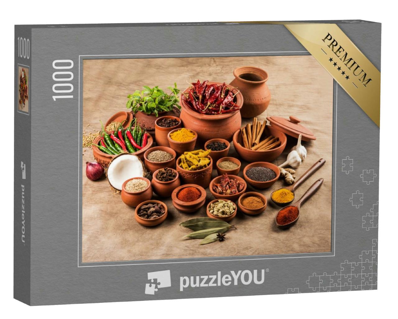 Puzzle 1000 Teile „Indische ätherische Gewürze in Terrakotta-Töpfen“