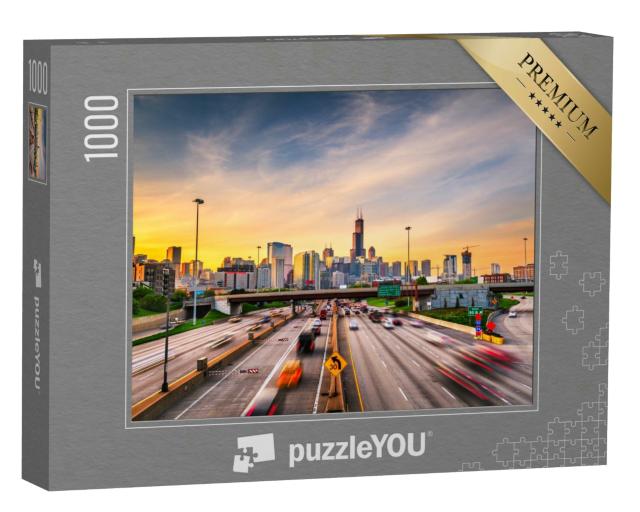 Puzzle 1000 Teile „Stadtlandschaft und Highways von Chicago am Morgen, USA“