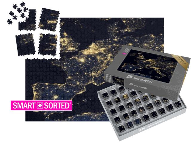 SMART SORTED® | Puzzle 1000 Teile „Lichter der Stadt auf der Weltkarte, Europa, NASA“