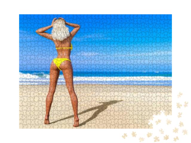 Puzzle 1000 Teile „Sexy Blondine im Bikini am Strand“
