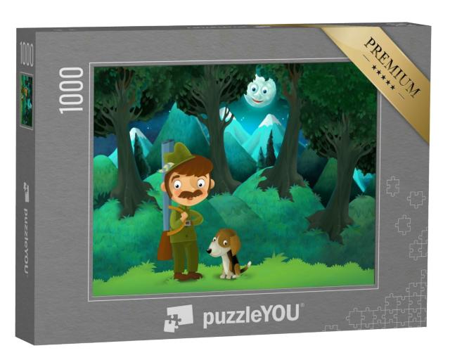 Puzzle 1000 Teile „Jäger und Hund im mondhellen Wald“