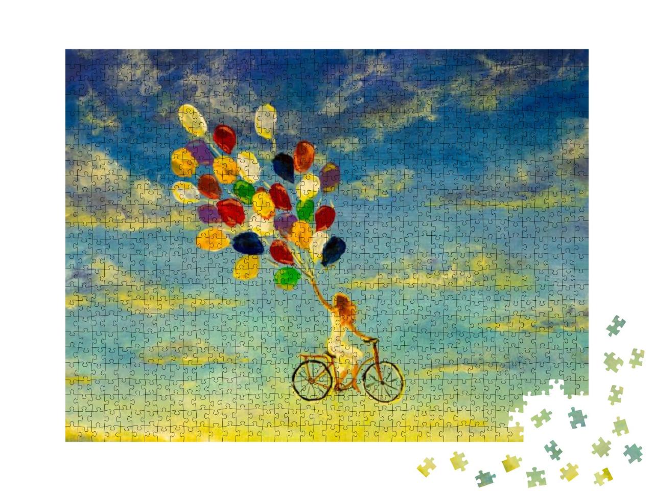 Puzzle 1000 Teile „Mädchen auf Fahrrad fliegt an bunten Luftballons durch den Himmel“