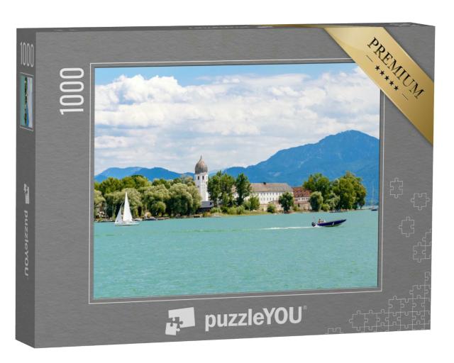 Puzzle 1000 Teile „Fraueninsel, Frauenchiemsee am Chiemsee mit Boot, Bayern, Deutschland“