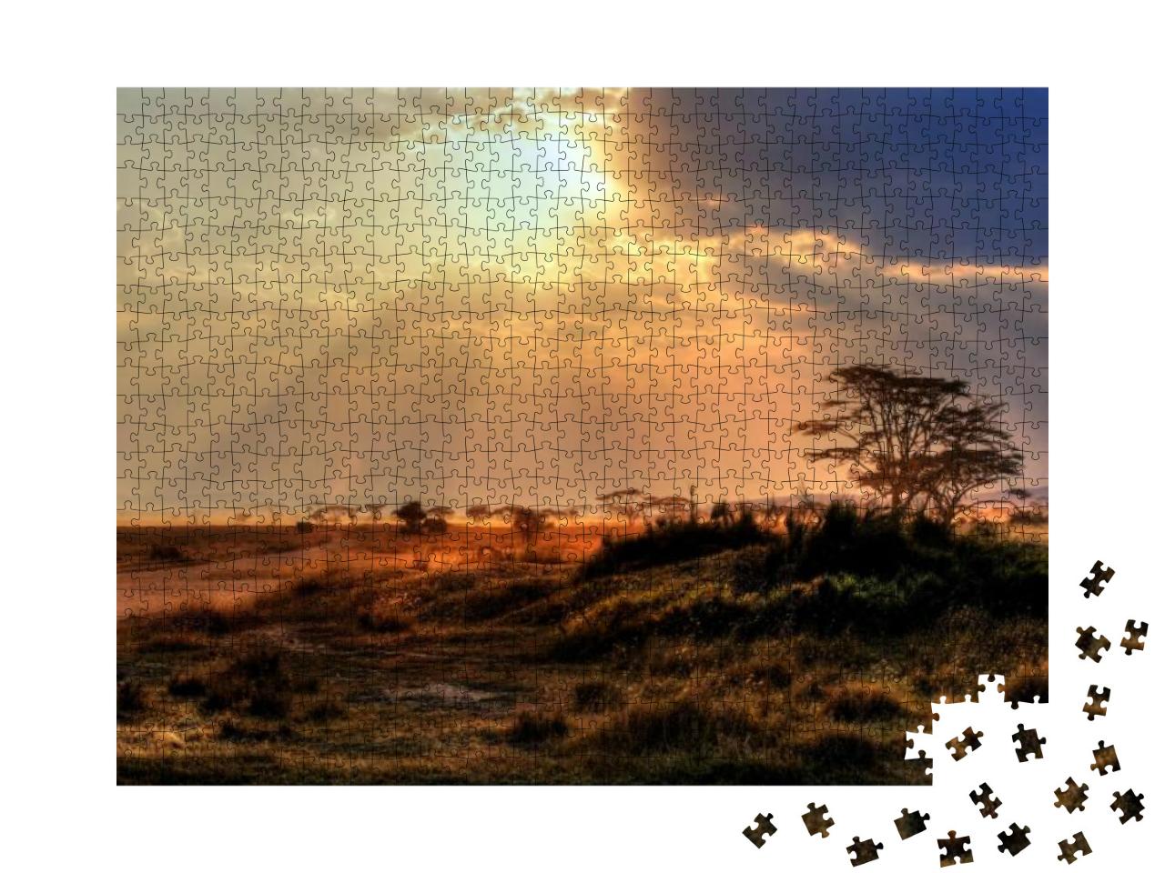 Puzzle 1000 Teile „Wunderschöner Sonnenuntergang in einem Nationalpark in Afrika“