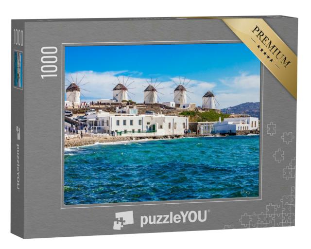 Puzzle 1000 Teile „Windmühlen an der Küste von Mykonos, Griechenland“