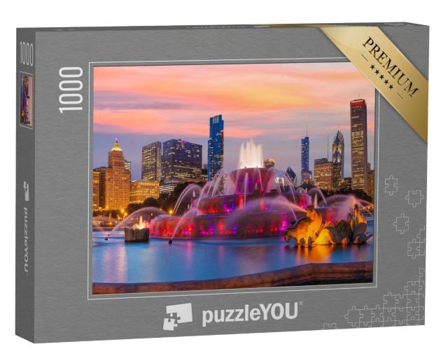 Puzzle 1000 Teile „Panorama der Skyline von Chicago mit Wolkenkratzern und Buckingham-Brunnen“