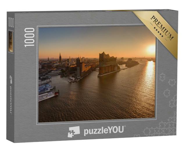 Puzzle 1000 Teile „Hamburger Hafenpanorama mit Stadtbild bei Sonnenuntergang“