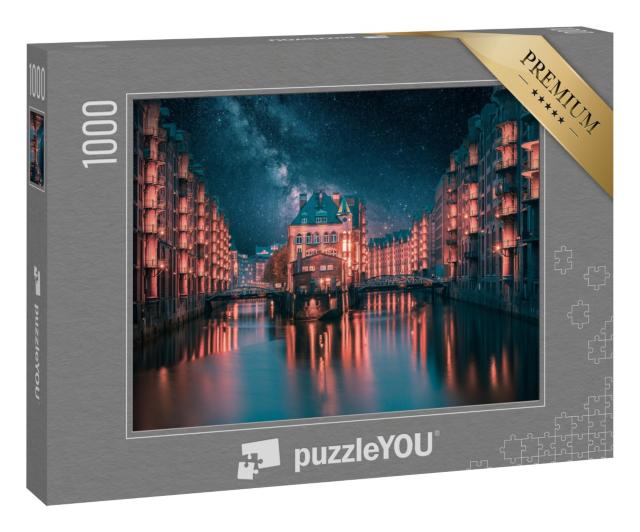 Puzzle 1000 Teile „Milchstraße über der beleuchteten Speicherstadt in Hamburg“