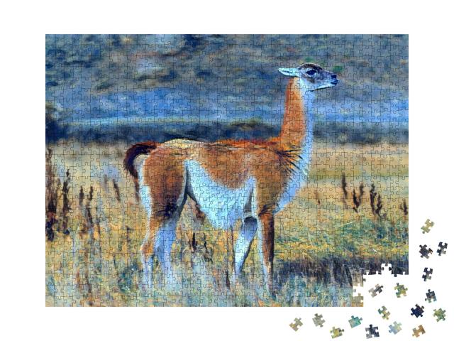 Puzzle 1000 Teile „im Stil von Paul-Cezanne - Guanaco im Torres del Paine Nationalpark - Puzzle-Kollektion Künstler & Gemälde“