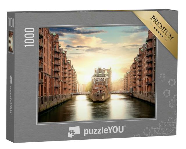 Puzzle 1000 Teile „Speicherstadt in Hamburg im Sonnenaufgang“
