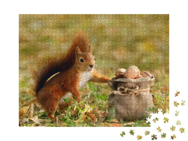 Puzzle 1000 Teile „Porträt eines roten Eichhörnchens, das eine Tüte mit Nüssen hält“