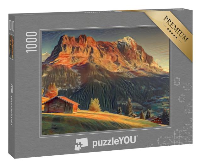 Puzzle 1000 Teile „im Stil von Edvard Munch, Der Schrei - Schweizer Alpenlandschaft vor dem Eiger“