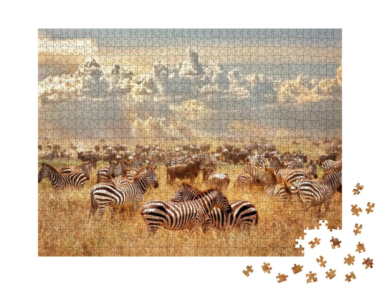 Puzzle 1000 Teile „Wildzebras und Gnus in der afrikanischen Savanne in Tansania“