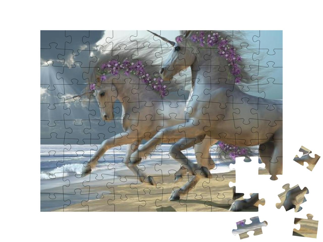 Puzzle 100 Teile „Zwei wunderschöne weiße Einhörner tummeln sich am Strand“