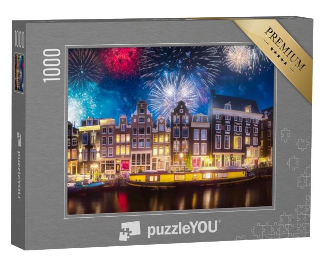 Puzzle 1000 Teile „Spektakuläres Feuerwerk über der Altstadt von Amsterdam, Niederlande“