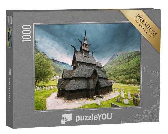 Puzzle 1000 Teile „Stavkirke, eine hölzerne dreischiffige Stabkirche, Borgund, Norwegen“
