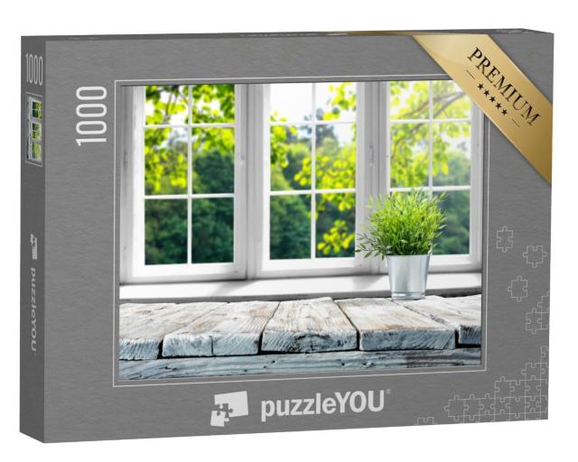 Puzzle 1000 Teile „Helles Frühlingsfenster mit Holzfensterbank“