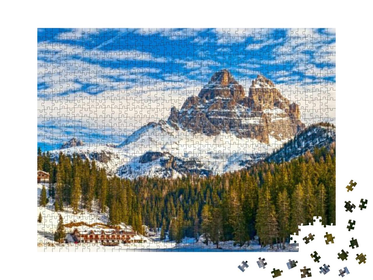 Puzzle 1000 Teile „Drei Zinnen vom Misurina-See in den Dolomiten aus“