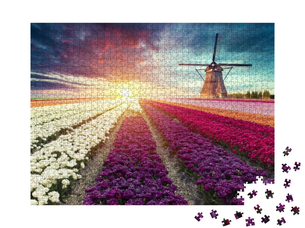 Puzzle 1000 Teile „Holländische Landschaft mit Windmühle und Tulpen“